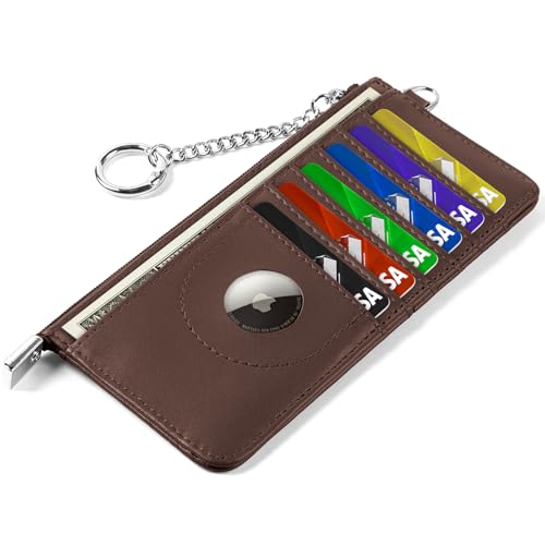 RFID Blocking Slim Credit Card Holder Wallet with Zipper Money Pocket & Keychain, Slim Airtag Wallet for Men Women - color: Cowhide Glossy Brown