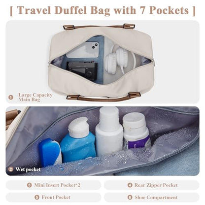 Travel Duffel Bag with Shoes Compartment, Overnight Weekender Bags for Women,Carry on Personal Item Bag - color: A-Beige & Brown, size: Large