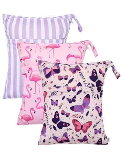 babygoal Wet Dry Bags 3 Pack, Waterproof Travel Bags for Swimsuits, Beach, Pool, Gym,Food Storage and Wet Clothes(Butterfly,Flamingo,Stripe),3LN44-B - color: Girl color 44
