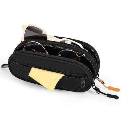 Double Eyeglasses Case Soft Portable Zipper Sunglasses Pouch with Keychain Clip for Men Women - color: Black With Side Pocket
