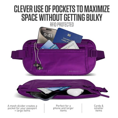 VENTURE 4TH Money Belt for Travel – Slim Hidden Under-Clothes RFID Blocking Anti-Theft Passport Holder & Travel Wallet Pouch for Men & Women to Protect Cash, Cards & Documents (Sleek Purple) - color: Sleek Purple