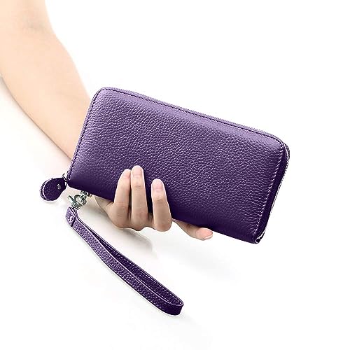 Moflycom Womens Wallet RFID Blocking Genuine Leather Zip Around Wallet Clutch Wristlet Travel Long Purse for Women - color: Deep Purple