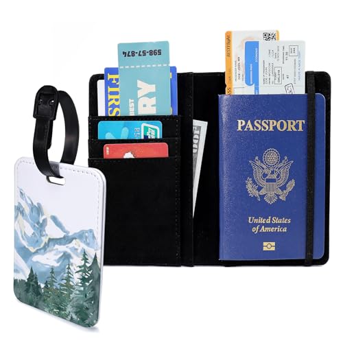 Passport Holder Set,Passport Holder and Luggage Tag,Cover for Men and Women,Wallet, Case,Travel Accessories（5.82 * 3.93 inch） - color: Snowy Mountain (Passport Holder + Luggage Tag)