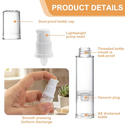6pcs Airless Travel Pump Bottle, Clear Empty Refillable Vacuum Pump Bottle, 5ml 10ml 15ml Plastic Press Lotion Travel Container for DIY Cosmetic Foundation Toiletries - color: White