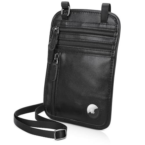 Polare Full Grain Leather Neck Wallet RFID Blocking Conceal Passport Holder Travel Pouch with AirTag Slot for Men - color: Black