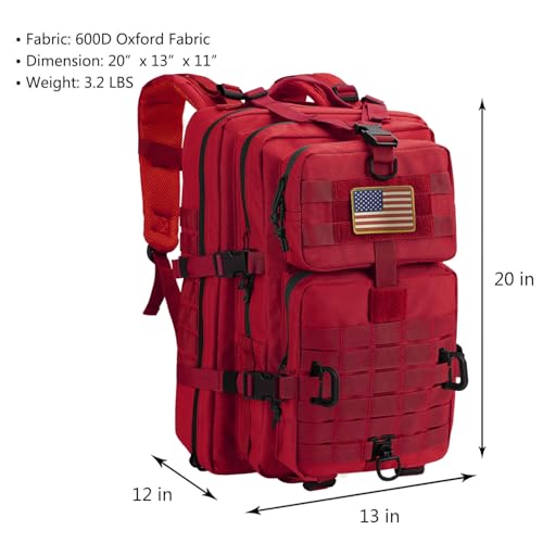 Hannibal Tactical MOLLE Assault Backpack, Tactical Backpack Military Army Camping Rucksack, 3-Day Pack Trip w/USA Flag Patch, D-Rings, Red - color: Red