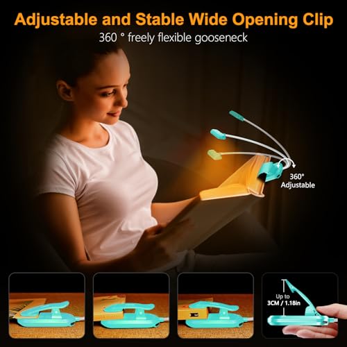 Gritin Rechargeable Book Light for Reading in Bed with 19 LED &Memory Function-Eye Caring 3 Color Temperatures,5 Brightness Levels,90 Hrs Runtime Flexible Goose Neck Clip on Light-Blue - color: Blue