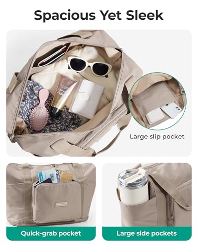 BAGSMART Foldable Travel Bag, 37L Expendable Personal Item Bag, Lightweight Weekender Bags for Women, Water Resistant Extra Carry on for Travel, White - color: Ivory White