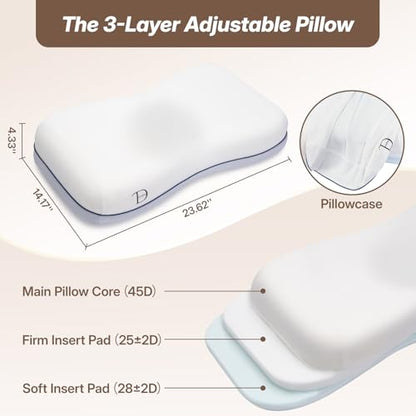 Cervical Neck Pillow for Neck & Shoulder Support, Adjustable Memory Foam Pillow with Customizable Height and Firmness, Ergonomic Pillow for Side, Back，Stomach and Combination Sleepers