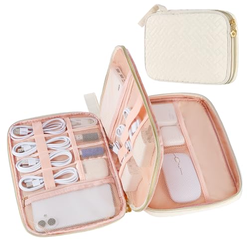 Electronics Organizer Travel Case, Charger Bag Cord Organizer Travel, All-in-One Cable Organizer Bag for Charger, Cords, Phone, Headphones, Flash Drive, SD Card (Beige, Large-Double Layer) - color: Beige, size: Large-Double Layer