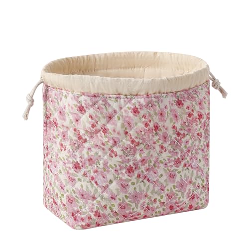 Cotton Quilted Drawstring Makeup Bag with Canvas Lining,Coquette Aesthetic Cute Travel Toiletry Bag,Drawstring Gift Bag for Women and Girls（18 Watercolor Pink Flower） - color: 18watercolor Pink Flower
