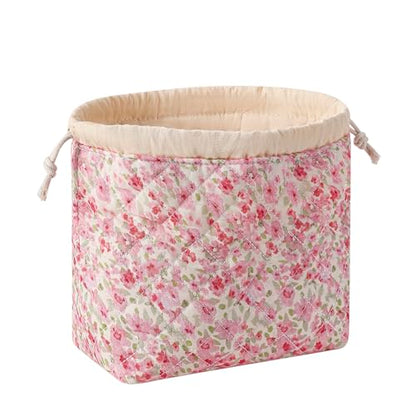 Cotton Quilted Drawstring Makeup Bag with Canvas Lining,Coquette Aesthetic Cute Travel Toiletry Bag,Drawstring Gift Bag for Women and Girls（18 Watercolor Pink Flower） - color: 18watercolor Pink Flower