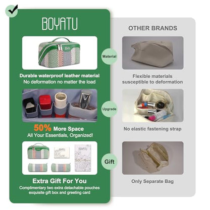 BOYATU Travel Makeup Bag Cosmetic Bag for Women: 3 Pcs Set Make up Bag with Compartments - Waterproof Vegan Leather Toiletry Bags with Handle - Makeup Organizer for Travel Essentials(C-2-Green) - color: C-2-Green
