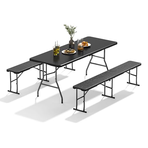 Folding Table Set with 2 Benches, 6 FT Picnic Table and Bench Set, 3- Piece Foldable Camping Tables Sets for Indoor & Outdoor, Portable Plastic Tables Chairs for Party, Wedding, Event, Black - color: Black, size: 2 Folding Bench and 1 Folding Table