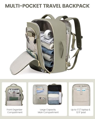 LOVEVOOK Travel Backpack for Women, 40L Carry On Backpack Flight Approved, Large Personal Item Bag Fits 17 inch Laptop, TSA Approved Luggage with 3 Packing Cubes,Waterproof Weekender Gym Bag - color: Beige-light Green, size: 40L