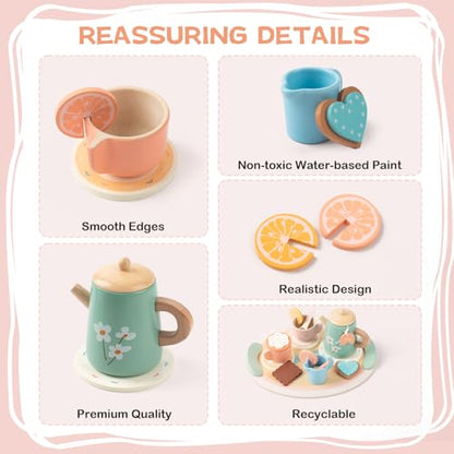 Tea Party Set for Little Girls, Wooden Kids Tea Set with Teapot Cups Coasters Carrying Dessert, Picnic Outdoor Toys Pretend Play Kitchen Accessories for 3 4 5 Years Old