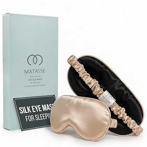 MATASSE 100% Mulberry Silk Sleep Mask 22 Momme Grade 6A -3D Contoured Eye Mask for Sleeping, 14mm Deep Eye Cups, Total Blackout Blindfold for Women Men, Adjustable Strap, Side Sleeper - color: Champagne/Black