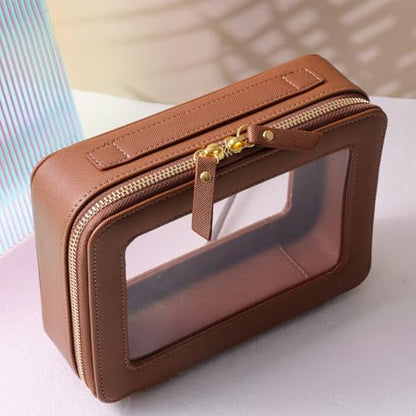 SANHECUN Toiletry bag waterproof cosmetic organizer with handle large opening for travelling car organizer (Brown) - color: Brown