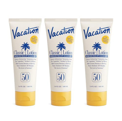 Vacation Classic SPF 50 Sunscreen Lotion, 3.4 Fluid Ounces, Pack of 3 - Invisible, No White Cast, Water-Resistant, Dermatologist-Tested, Travel Size, Vegan - size: 3.4 Fl Oz (Pack of 3), style: SPF 50