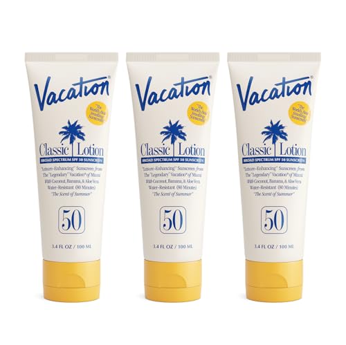 Vacation Classic SPF 50 Sunscreen Lotion, 3.4 Fluid Ounces, Pack of 3 - Invisible, No White Cast, Water-Resistant, Dermatologist-Tested, Travel Size, Vegan - size: 3.4 Fl Oz (Pack of 3), style: SPF 50