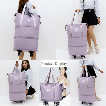Expandable Foldable Duffel Bag with Detachable Wheels, 64L Large Capacity Rolling Travel Duffle Bag, Lightweight Carry on Luggage with Spinner Wheels, Weekend Gym Tote Bag (Light Purple) - color: Light Purple