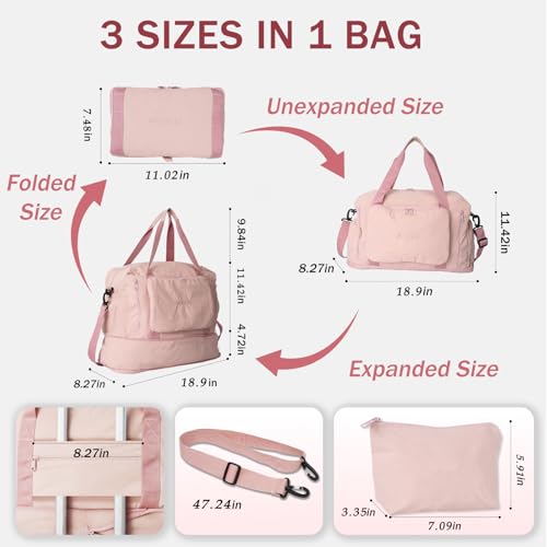 Travel Duffel Bag, 30–40L Expandable Weekender Bag with Shoe Compartment, Foldable Carry On Travel Bag with Wet Pocket and Matching Pouch - color: Pink