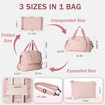 Travel Duffel Bag, 30–40L Expandable Weekender Bag with Shoe Compartment, Foldable Carry On Travel Bag with Wet Pocket and Matching Pouch - color: Pink