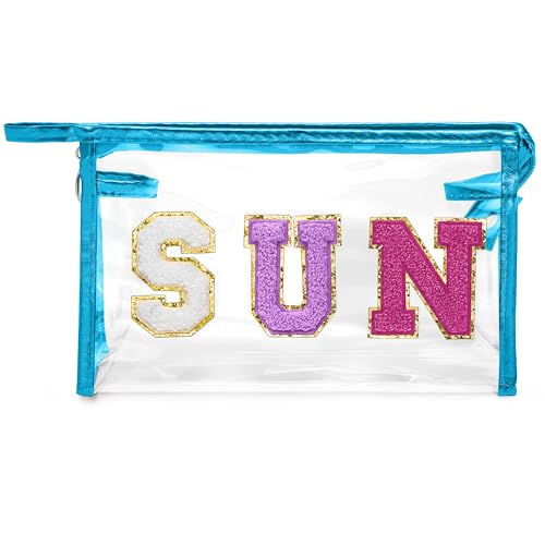 Y1tvei Clear SUN Makeup Bag - Preppy Purple SUN Chenille Varsity Letter Cosmetic Bag PVC Transparent Zipper Waterproof Beach Makeup Carry Pouch Portable Travel Toiletry Organizer for Women(Blue) - color: Purple SUN Blue