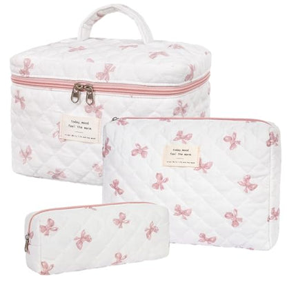 honitty Makeup Bag,Quilted Cosmetic Bag,Large Floral Make Up Bag for Women,Cotton Makeup Bag Set,Flower Travel Toiletry Bag - color: Bow Tie