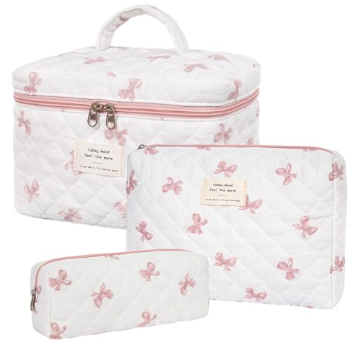 honitty Makeup Bag,Quilted Cosmetic Bag,Large Floral Make Up Bag for Women,Cotton Makeup Bag Set,Flower Travel Toiletry Bag - color: Bow Tie