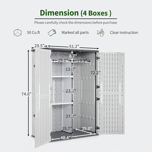 Macrout 50 Cu.Ft Plastic Outdoor Storage Cabinet with Shelves, 4.3 x 2.5 ft Waterproof Resin Outdoor Storage Shed with Floor, Lockable Vertical Shed for Garden and Patio - size: Medium