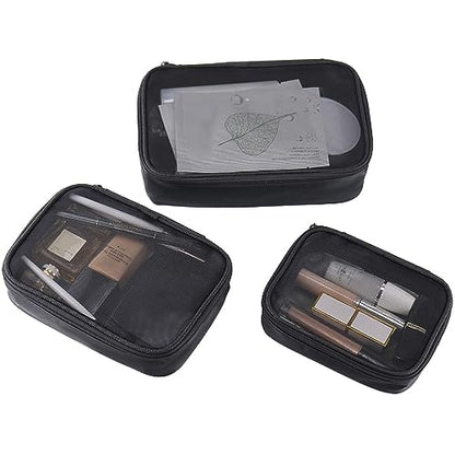 Mesh Makeup Bag, 3 Pcs Makeup Bag Set, Lightweight Mesh Cosmetic Bag with Zipper (S, M, L) - color: Black Mesh, size: Set - Small, Medium, Large
