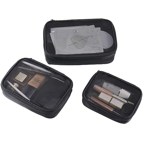 Mesh Makeup Bag, 3 Pcs Makeup Bag Set, Lightweight Mesh Cosmetic Bag with Zipper (S, M, L) - color: Black Mesh, size: Set - Small, Medium, Large