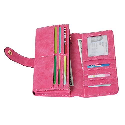 Women's Vegan Leather 17 Card Slots Card Holder Long Big Bifold Wallet - color: Rose