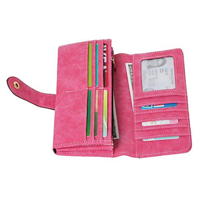 Women's Vegan Leather 17 Card Slots Card Holder Long Big Bifold Wallet - color: Rose