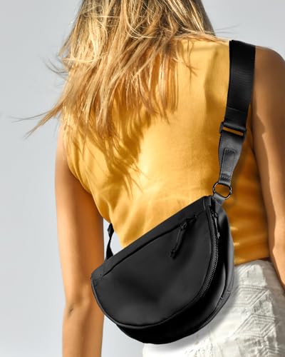 Crescent Bag for Women and Men, Fashion Medium Nylon Folding Crescent Moon Bag Single Shoulder Bag with Adjustable Strap - color: black
