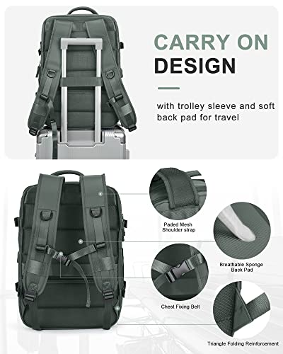 Large Travel Laptop Backpack, Expandable Flight Approved Backpack, Carry on Backpack for Women, Waterproof 17inch Laptop Hiking Backpack with Shoe Compartment, Dark Green - color: A14-darkgreen