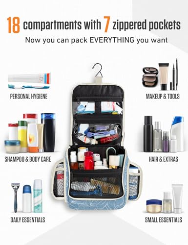 VENTURE 4TH Hanging Travel Toiletry Bag for Women & Men – Large Toiletry Organizer with 17 Compartments, Removable TSA Pouch, Travel Wash Bag for Toiletries, Makeup & Shaving Kit (Blue Flowers) - color: Blue Flowers