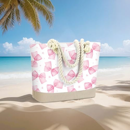 Fokongna Tote Bag For Women, Beach Bag Best Friend Travel Birthday Gifts, Travel Parties Vacation Shopping Essentials - color: Gingham Pink Bows