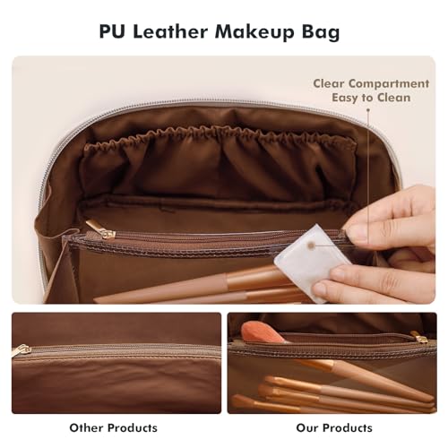 Prite Makeup Bag for Women Travel Waterproof Vegan Leather Cosmetic Bag Open Flat Toiletry Bag With Clear Divider and Handle (Plaid Brown, Medium) - color: Plaid Brown, size: Medium