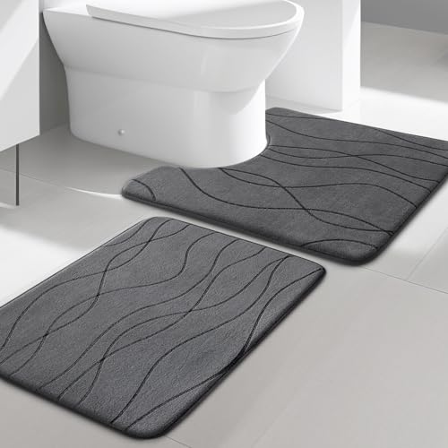 YIHOUSE Memory Foam Bathroom Rug Sets, Dark Grey, 2 Piece-U Shape Small Mat | Ultra Soft, Absorbent, Non-Slip, Machine Washable - color: Dark Grey, size: 1'5" x 2'
