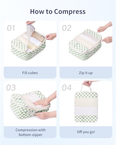 Narwey 6 Set Compression Packing Cubes for Travel Women Men, Travel Cubes for Carry On Suitcase, Durable Compression Luggage Organizer Bags - color: ZZ-Mint Green Checkerboard