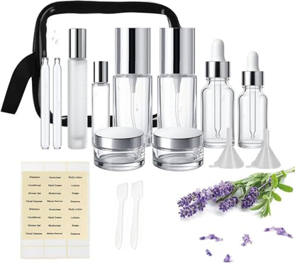 18Pack Glass Travel Bottles for Toiletries, TSA Approved Glass Travel Containers 1.35/0.7/1 oz Silver Small Travel Bottles with Label, BPA Free Leak Proof with Pump Spray Bottles for Makeup, Skincare - color: Silver-transparent glass