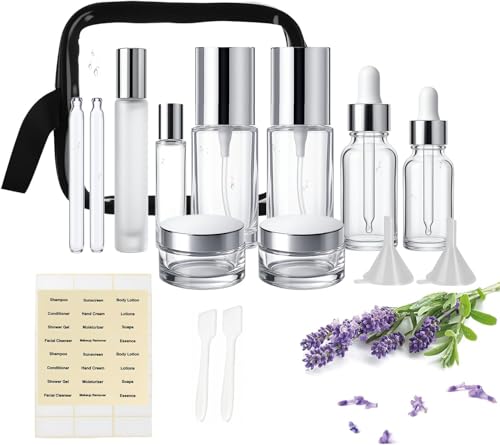 18Pack Glass Travel Bottles for Toiletries, TSA Approved Glass Travel Containers 1.35/0.7/1 oz Silver Small Travel Bottles with Label, BPA Free Leak Proof with Pump Spray Bottles for Makeup, Skincare - color: Silver-transparent glass