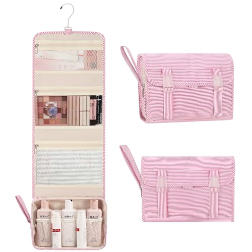 Relavel Hanging Toiletry Bag for Women, Large Makeup Travel Bag with Separate Compartments, Water Resistant Toiletries Bag for Travel Accessories, Portable Bathroom Bag for Trip Camping- Pink Strip - color: 02 Pink Strip, size: Large