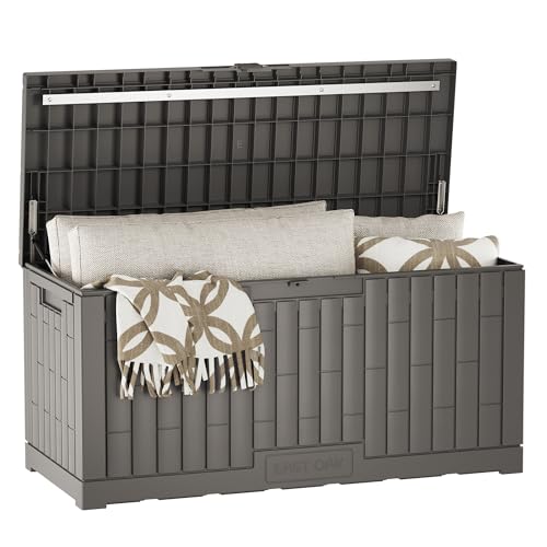 EAST OAK 120 Gallon Outdoor Storage Box | Large Resin Deck Box with Reinforced Stainless Steel Support | Waterproof & UV-Resistant Patio Storage Box for Cushions, Garden Tools & Pool Accessories, Grey - color: Grey, size: Large 120 Gallon