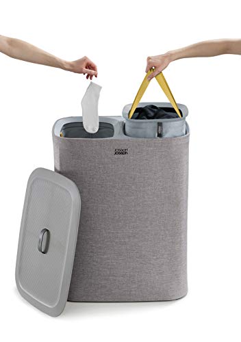 Joseph Joseph Tota 90 liter/23.8 gallon Laundry Hamper Separation Basket with lid, 2 Removable Washing Bags with Handles - Gray - color: Gray, style: Dual Compartment 90L