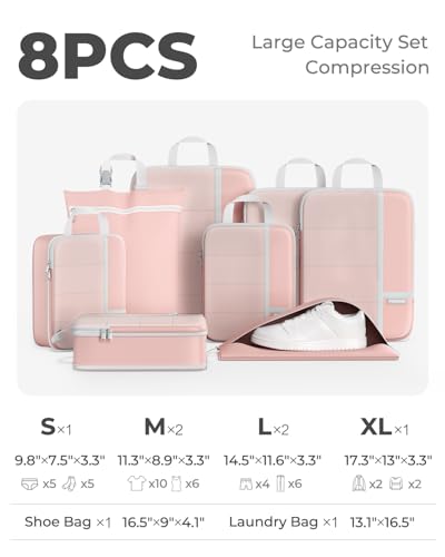 Percover Compression Packing Cubes for Travel, 8-Piece Structured Compression Organizer Set with Laundry Bag & Shoe Bag for Carry-On & Checked Luggage, Pink - color: Pink, size: 8 Set