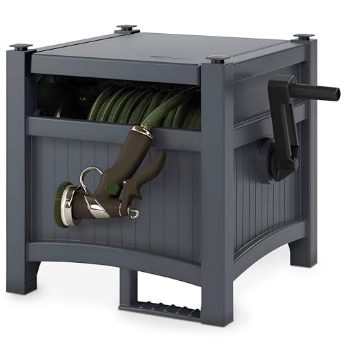 Suncast Garden Hose Hideaway Storage Reel Box, Cyberspace Grey – Resin Outdoor Container, Holds up to 100 Feet of 5/8 Inch Standard Vinyl Water Line – No Assembly Required - size: 100' (Cyberspace)