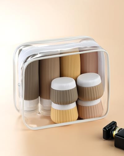 Mrsdry Travel Bottles 8 Pack, TSA Approved 3 oz Travel Toiletries Containers with Clear Bag, Leak Proof Silicone Squeezable Essentials Jars - color: Apricot, size: Bottle 3oz Jars 1oz